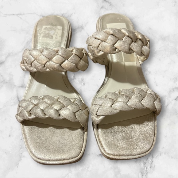 DOLCE VITA Stacey Braided Strap Block Heel Sandal White Gold Metallic Size 8 (4) - Picture 1 of 5
